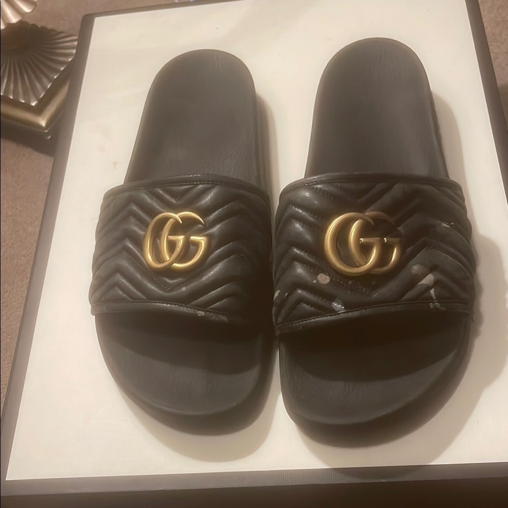 Gucci Black Slides with Gold Logo size 13